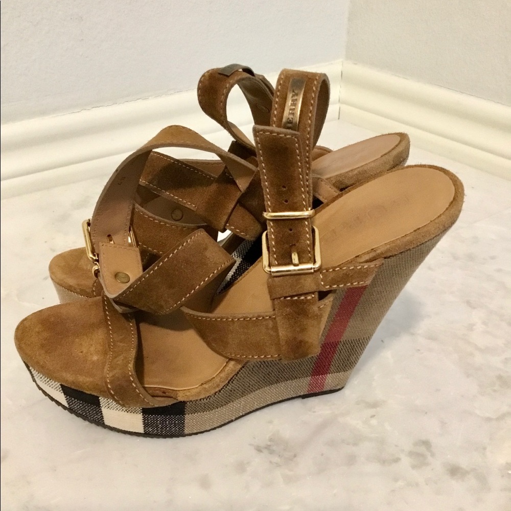 Burberry Tan Check Wedge Sandals - Picture 3 of 6